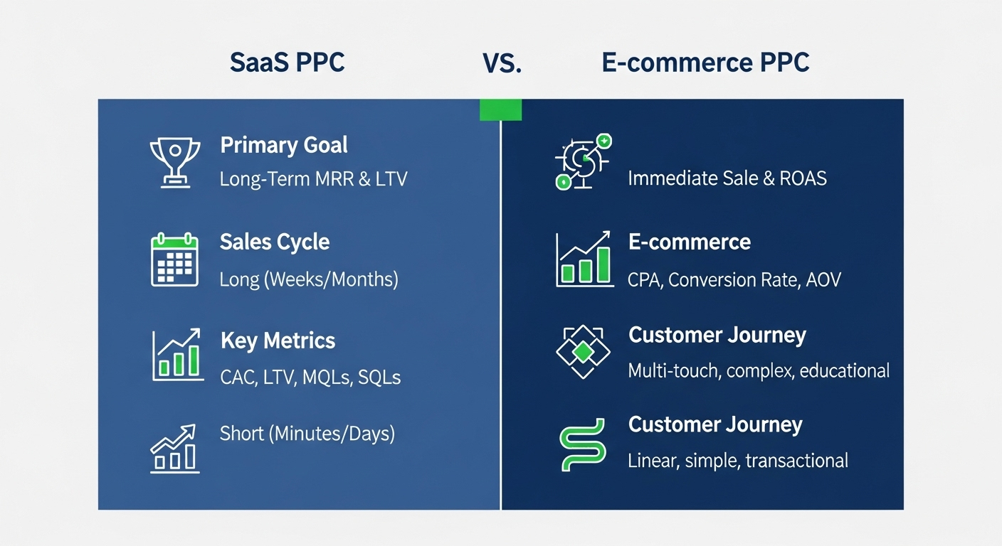 A comparison chart showing the key differences between SaaS PPC and E-commerce PPC across goals, sales cycle, key metrics, and customer journey.