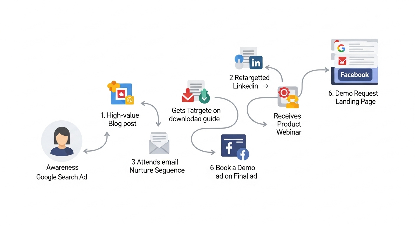A diagram of the multi-touch SaaS buyer's journey, starting from an initial ad click and moving through various touchpoints like content downloads, webinars, and retargeting before a final conversion.